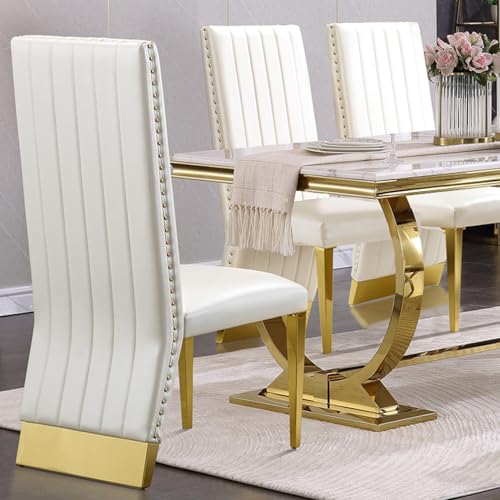 Anewsun 7 Pieces White Gold Dining Table Set, White Texture Top Dining Room Table with 6 White Leather Upholstered Chairs, 72" Rectangular Dining Table Set for 6