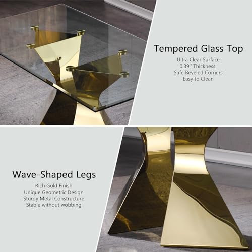 Anewsun Luxury Dining Table Set for 4, 5 Piece Gold Dining Room Table Set with 63 Inch Glass Dining Table and Black Velvet Upholstered Dining Chairs Set of 4 for Dining Room, Kitchen, Living Room