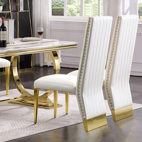 Anewsun 7 Pieces White Gold Dining Table Set, White Texture Top Dining Room Table with 6 White Leather Upholstered Chairs, 72" Rectangular Dining Table Set for 6