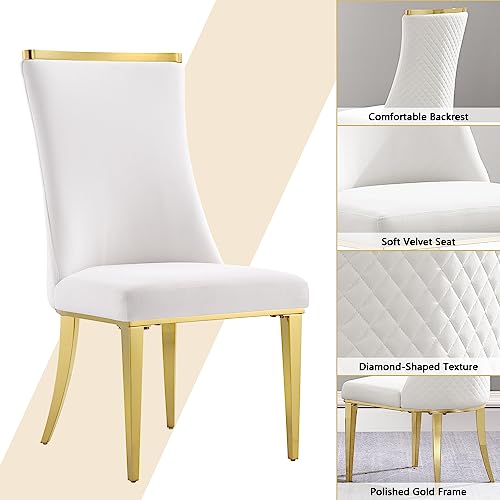 Anewsun Gold Glass Dining Tabe Set for 6, 7 Pieces Falcone Dining Room Table Set, Glass Top Polished Base Dining Table with 6 White and Gold Velvet Dining Chairs for Dining Room, Kitchen