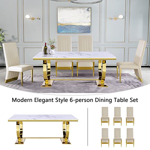 Anewsun 7 Pieces White Gold Dining Table Set, White Texture Top Dining Room Table with 6 White Leather Upholstered Chairs, 72" Rectangular Dining Table Set for 6