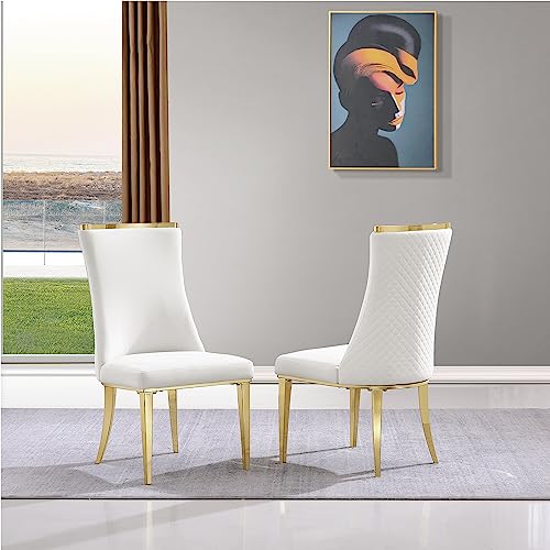 Anewsun Gold Glass Dining Tabe Set for 6, 7 Pieces Falcone Dining Room Table Set, Glass Top Polished Base Dining Table with 6 White and Gold Velvet Dining Chairs for Dining Room, Kitchen