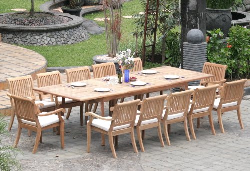 WholesaleTeak New 13 Pc Luxurious Grade-A Teak Dining Set - Large 117" Rectangle Table and 12 Stacking Arbor Arm Chairs #WHDSABo