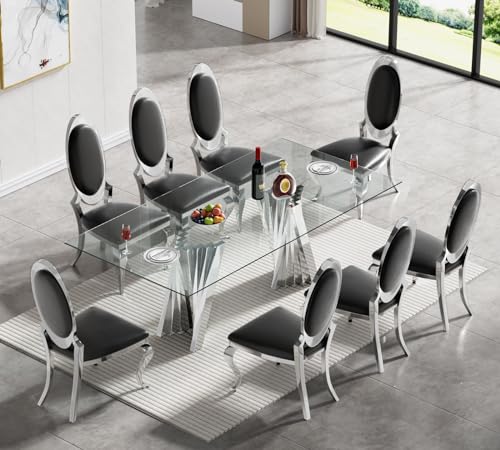 SSLine Modern 9-Piece Glass Dining Table Set for 8 Luxury Silver Glass Kitchen Table and Chair Set for 8 Elegant 70" Large Dining Room Table with 8 Black Leather Chairs with Stainless Steel Base