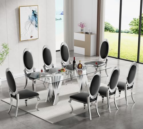 SSLine Modern 9-Piece Glass Dining Table Set for 8 Luxury Silver Glass Kitchen Table and Chair Set for 8 Elegant 70" Large Dining Room Table with 8 Black Leather Chairs with Stainless Steel Base