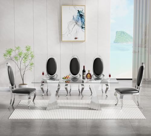 SSLine Modern 9-Piece Glass Dining Table Set for 8 Luxury Silver Glass Kitchen Table and Chair Set for 8 Elegant 70" Large Dining Room Table with 8 Black Leather Chairs with Stainless Steel Base