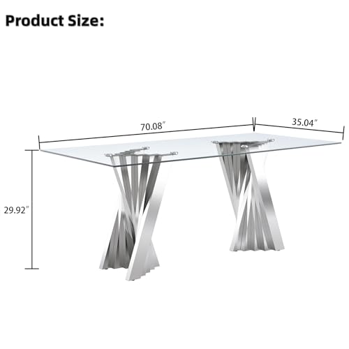 SSLine Modern 9-Piece Glass Dining Table Set for 8 Luxury Silver Glass Kitchen Table and Chair Set for 8 Elegant 70" Large Dining Room Table with 8 Black Leather Chairs with Stainless Steel Base