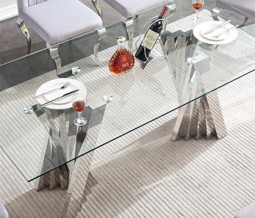 SSLine Modern 9-Piece Glass Dining Table Set for 8 Luxury Silver Glass Kitchen Table and Chair Set for 8 Elegant 70" Large Dining Room Table with 8 Black Leather Chairs with Stainless Steel Base
