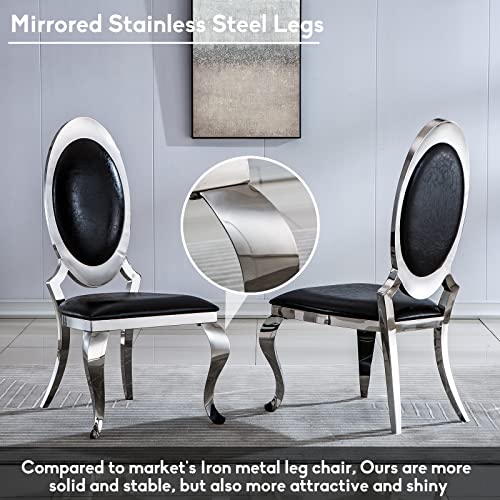 SSLine Modern 9-Piece Glass Dining Table Set for 8 Luxury Silver Glass Kitchen Table and Chair Set for 8 Elegant 70" Large Dining Room Table with 8 Black Leather Chairs with Stainless Steel Base