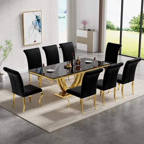 Luxury Black Gold Dining Table Set for 8, 9 Piece Dining Room Table and 4 Black Velvet Upholstered Chairs w/Stainless Steel Legs,Modern Faux Marble Kitchen Table and Chairs for 8