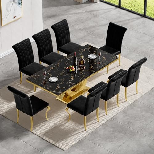 Luxury Black Gold Dining Table Set for 8, 9 Piece Dining Room Table and 4 Black Velvet Upholstered Chairs w/Stainless Steel Legs,Modern Faux Marble Kitchen Table and Chairs for 8