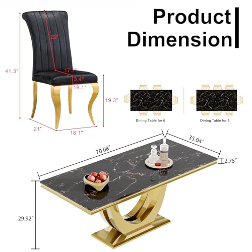 Luxury Black Gold Dining Table Set for 8, 9 Piece Dining Room Table and 4 Black Velvet Upholstered Chairs w/Stainless Steel Legs,Modern Faux Marble Kitchen Table and Chairs for 8