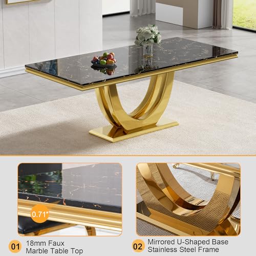 Luxury Black Gold Dining Table Set for 8, 9 Piece Dining Room Table and 4 Black Velvet Upholstered Chairs w/Stainless Steel Legs,Modern Faux Marble Kitchen Table and Chairs for 8