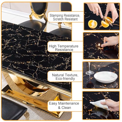 Luxury Black Gold Dining Table Set for 8, 9 Piece Dining Room Table and 4 Black Velvet Upholstered Chairs w/Stainless Steel Legs,Modern Faux Marble Kitchen Table and Chairs for 8