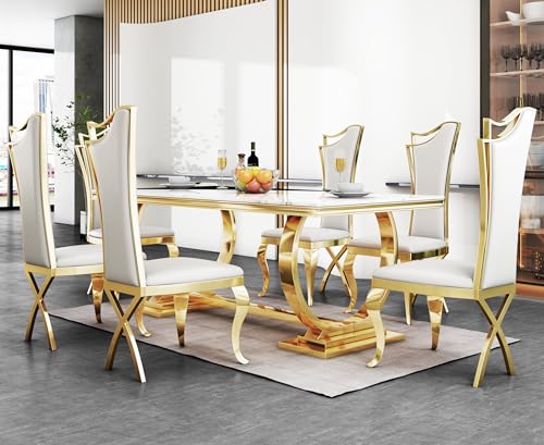 SSLine Modern 7-Piece Faux Marble Dining Table Set for 6, Luxury 70" White Marble Kitchen Table with 6 Leather Dining Chairs Elegant Dining Set for 6 with Gold Mirrored Stainless Steel Base