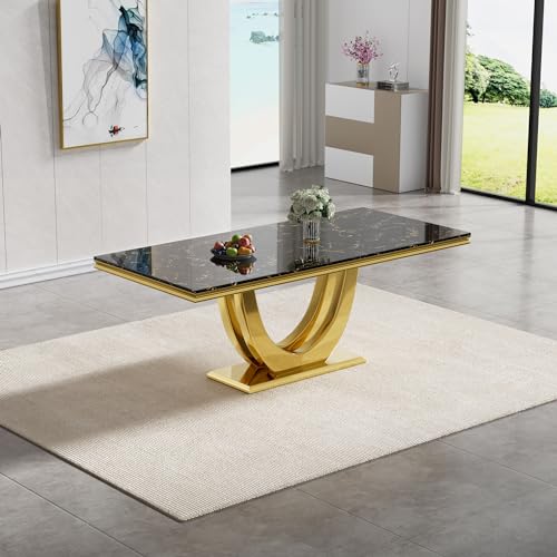 Luxury Black Gold Dining Table Set for 8, 9 Piece Dining Room Table and 4 Black Velvet Upholstered Chairs w/Stainless Steel Legs,Modern Faux Marble Kitchen Table and Chairs for 8