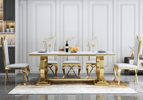 SSLine Modern 7-Piece Faux Marble Dining Table Set for 6, Luxury 70" White Marble Kitchen Table with 6 Leather Dining Chairs Elegant Dining Set for 6 with Gold Mirrored Stainless Steel Base