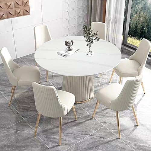 HomSof 7 Piece Dining Table Set 53 inch Sintered Stone Carrara White Dining Table with 6pcs Chairs，White