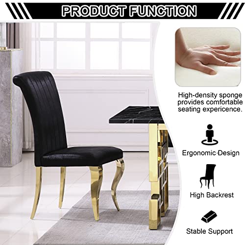 Luxury Black Gold Dining Table Set for 8, 9 Piece Dining Room Table and 4 Black Velvet Upholstered Chairs w/Stainless Steel Legs,Modern Faux Marble Kitchen Table and Chairs for 8