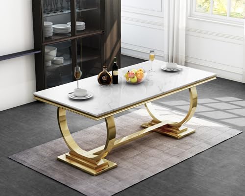 SSLine Modern 7-Piece Faux Marble Dining Table Set for 6, Luxury 70" White Marble Kitchen Table with 6 Leather Dining Chairs Elegant Dining Set for 6 with Gold Mirrored Stainless Steel Base
