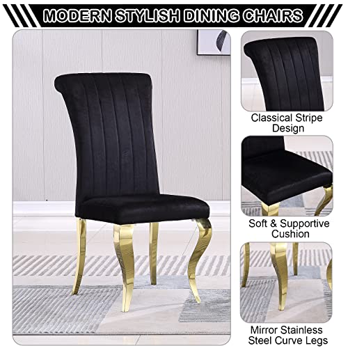 Luxury Black Gold Dining Table Set for 8, 9 Piece Dining Room Table and 4 Black Velvet Upholstered Chairs w/Stainless Steel Legs,Modern Faux Marble Kitchen Table and Chairs for 8