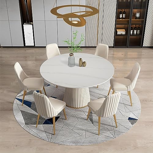 HomSof 7 Piece Dining Table Set 53 inch Sintered Stone Carrara White Dining Table with 6pcs Chairs，White