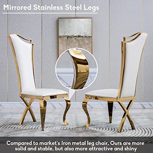 SSLine Modern 7-Piece Faux Marble Dining Table Set for 6, Luxury 70" White Marble Kitchen Table with 6 Leather Dining Chairs Elegant Dining Set for 6 with Gold Mirrored Stainless Steel Base