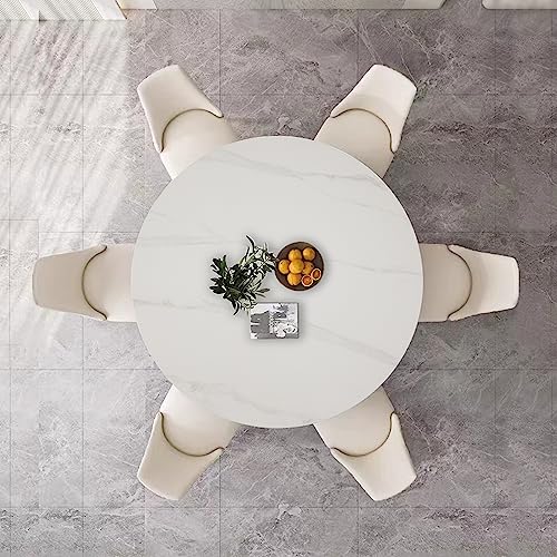 HomSof 7 Piece Dining Table Set 53 inch Sintered Stone Carrara White Dining Table with 6pcs Chairs，White
