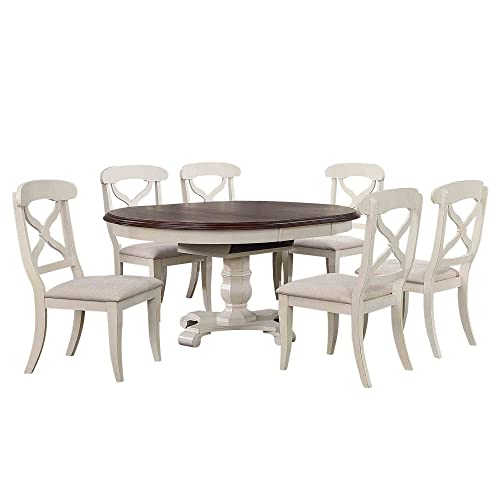 Sunset Trading Andrews 7 Piece 48" Round or 66" Oval Extendable Butterfly Leaf Antique White and Chestnut Brown | Seats 6 Dining Room Sets, Two Size Extension Table