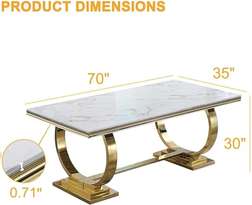 SSLine Modern 7-Piece Faux Marble Dining Table Set for 6, Luxury 70" White Marble Kitchen Table with 6 Leather Dining Chairs Elegant Dining Set for 6 with Gold Mirrored Stainless Steel Base
