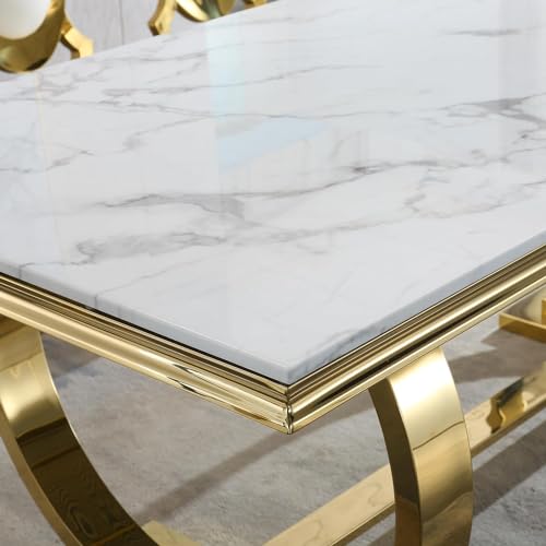 SSLine Modern 7-Piece Faux Marble Dining Table Set for 6, Luxury 70" White Marble Kitchen Table with 6 Leather Dining Chairs Elegant Dining Set for 6 with Gold Mirrored Stainless Steel Base