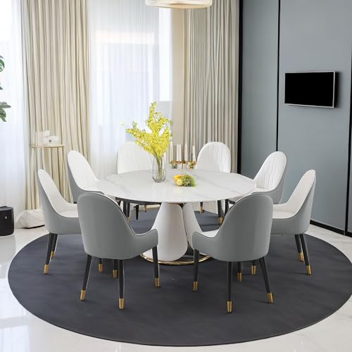 Leavader 9-Piece Round Marble Dining Table Set, 59" D Round Dining Room Table with Retractable Folding Design, 1 Table & 8 Grey Chairs Set for Dining Room/Living Room/Kitchen