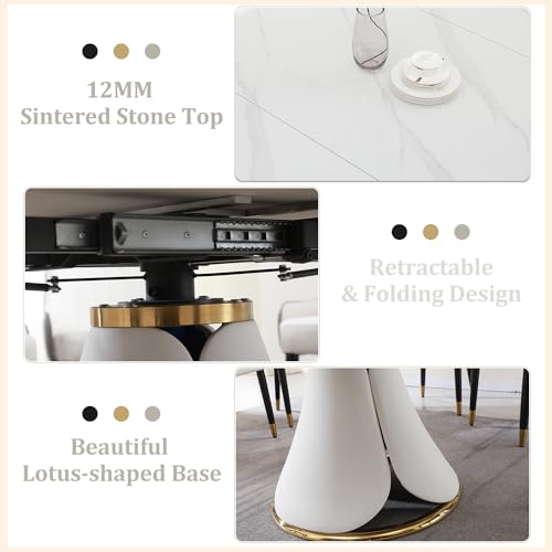 Leavader 9-Piece Round Marble Dining Table Set, 59" D Round Dining Room Table with Retractable Folding Design, 1 Table & 8 Grey Chairs Set for Dining Room/Living Room/Kitchen