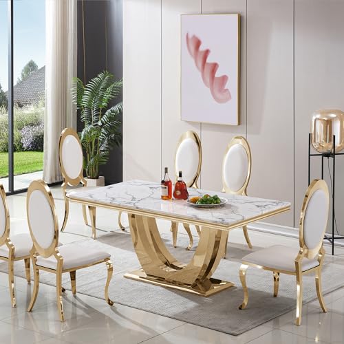 Mcltopz 70" White Marble Dining Table Set for 6, 7-Piece Dining Table Set, Modern Kitchen Table with Faux Marble Top and U-Shaped Gold Stainless Steel Legs & 6 White Gold Leather Dining Chairs