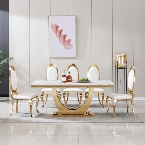 Mcltopz 70" White Marble Dining Table Set for 6, 7-Piece Dining Table Set, Modern Kitchen Table with Faux Marble Top and U-Shaped Gold Stainless Steel Legs & 6 White Gold Leather Dining Chairs