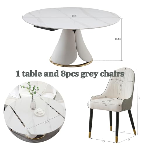 Leavader 9-Piece Round Marble Dining Table Set, 59" D Round Dining Room Table with Retractable Folding Design, 1 Table & 8 Grey Chairs Set for Dining Room/Living Room/Kitchen