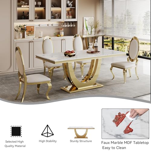 Mcltopz 70" White Marble Dining Table Set for 6, 7-Piece Dining Table Set, Modern Kitchen Table with Faux Marble Top and U-Shaped Gold Stainless Steel Legs & 6 White Gold Leather Dining Chairs