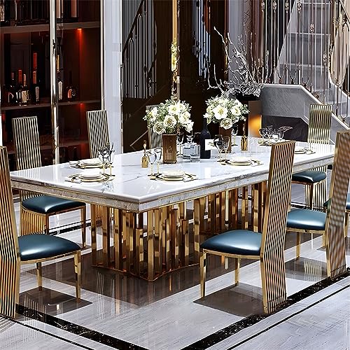LAKIQ Luxury Style Marble Dining Table Modern Rectangle Kitchen Dining Room Table Gold Metal Pedestal Table-Table Only-Without Chairs (White,78.7" L x 39.4" W x 29.5" H)