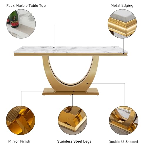 Mcltopz 70" White Marble Dining Table Set for 6, 7-Piece Dining Table Set, Modern Kitchen Table with Faux Marble Top and U-Shaped Gold Stainless Steel Legs & 6 White Gold Leather Dining Chairs