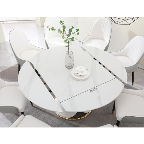 Leavader 9-Piece Round Marble Dining Table Set, 59" D Round Dining Room Table with Retractable Folding Design, 1 Table & 8 Grey Chairs Set for Dining Room/Living Room/Kitchen