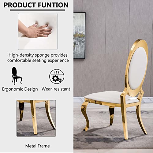 Mcltopz 70" White Marble Dining Table Set for 6, 7-Piece Dining Table Set, Modern Kitchen Table with Faux Marble Top and U-Shaped Gold Stainless Steel Legs & 6 White Gold Leather Dining Chairs