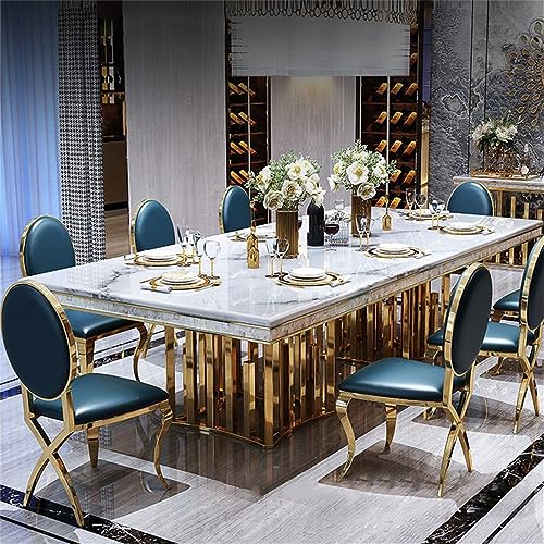 LAKIQ Luxury Style Marble Dining Table Modern Rectangle Kitchen Dining Room Table Gold Metal Pedestal Table-Table Only-Without Chairs (White,78.7" L x 39.4" W x 29.5" H)