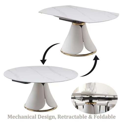 Leavader 9-Piece Round Marble Dining Table Set, 59" D Round Dining Room Table with Retractable Folding Design, 1 Table & 8 Grey Chairs Set for Dining Room/Living Room/Kitchen