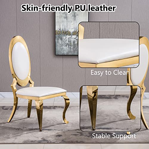 Mcltopz 70" White Marble Dining Table Set for 6, 7-Piece Dining Table Set, Modern Kitchen Table with Faux Marble Top and U-Shaped Gold Stainless Steel Legs & 6 White Gold Leather Dining Chairs