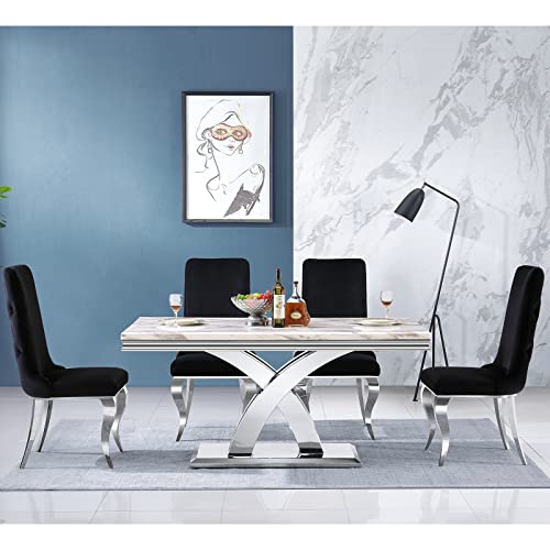 AZhome 5 Piece Dining Room Table Set for 4, Modern Dining Table Set with Cross X-Base Dining Table and Black Velvet Upholstered Dining Chairs