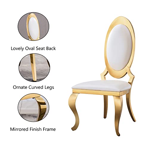 Mcltopz 70" White Marble Dining Table Set for 6, 7-Piece Dining Table Set, Modern Kitchen Table with Faux Marble Top and U-Shaped Gold Stainless Steel Legs & 6 White Gold Leather Dining Chairs