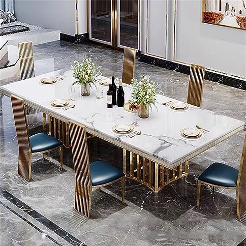 LAKIQ Luxury Style Marble Dining Table Modern Rectangle Kitchen Dining Room Table Gold Metal Pedestal Table-Table Only-Without Chairs (White,78.7" L x 39.4" W x 29.5" H)