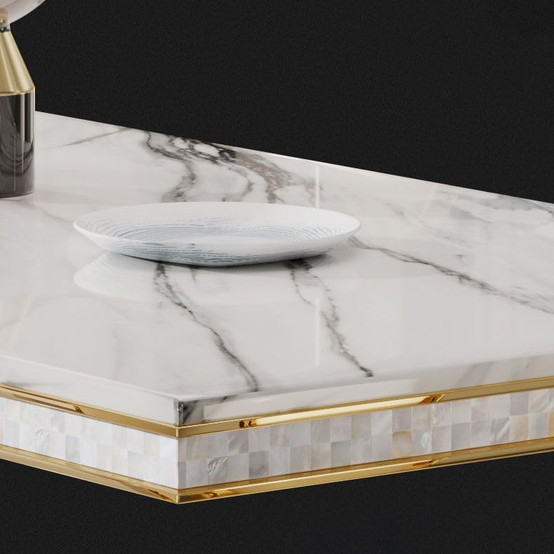 LAKIQ Luxury Style Marble Dining Table Modern Rectangle Kitchen Dining Room Table Gold Metal Pedestal Table-Table Only-Without Chairs (White,78.7" L x 39.4" W x 29.5" H)