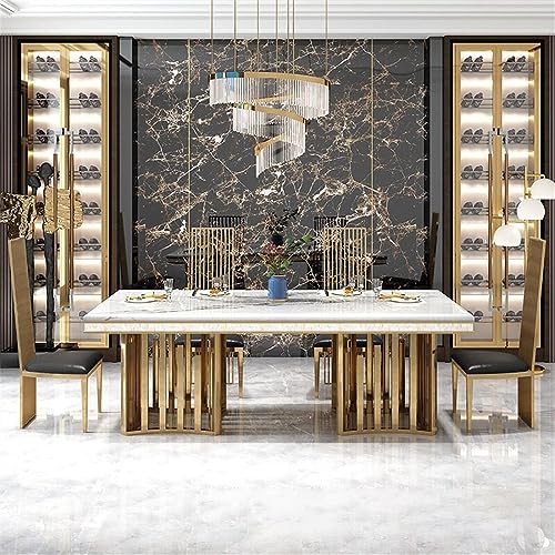 LAKIQ Luxury Style Marble Dining Table Modern Rectangle Kitchen Dining Room Table Gold Metal Pedestal Table-Table Only-Without Chairs (White,78.7" L x 39.4" W x 29.5" H)