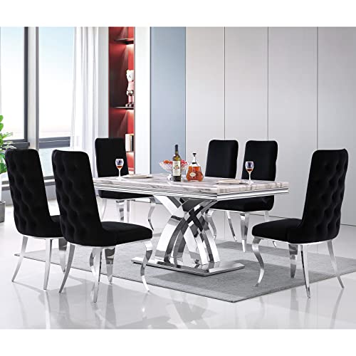 AZhome 5 Piece Dining Room Table Set for 4, Modern Dining Table Set with Cross X-Base Dining Table and Black Velvet Upholstered Dining Chairs
